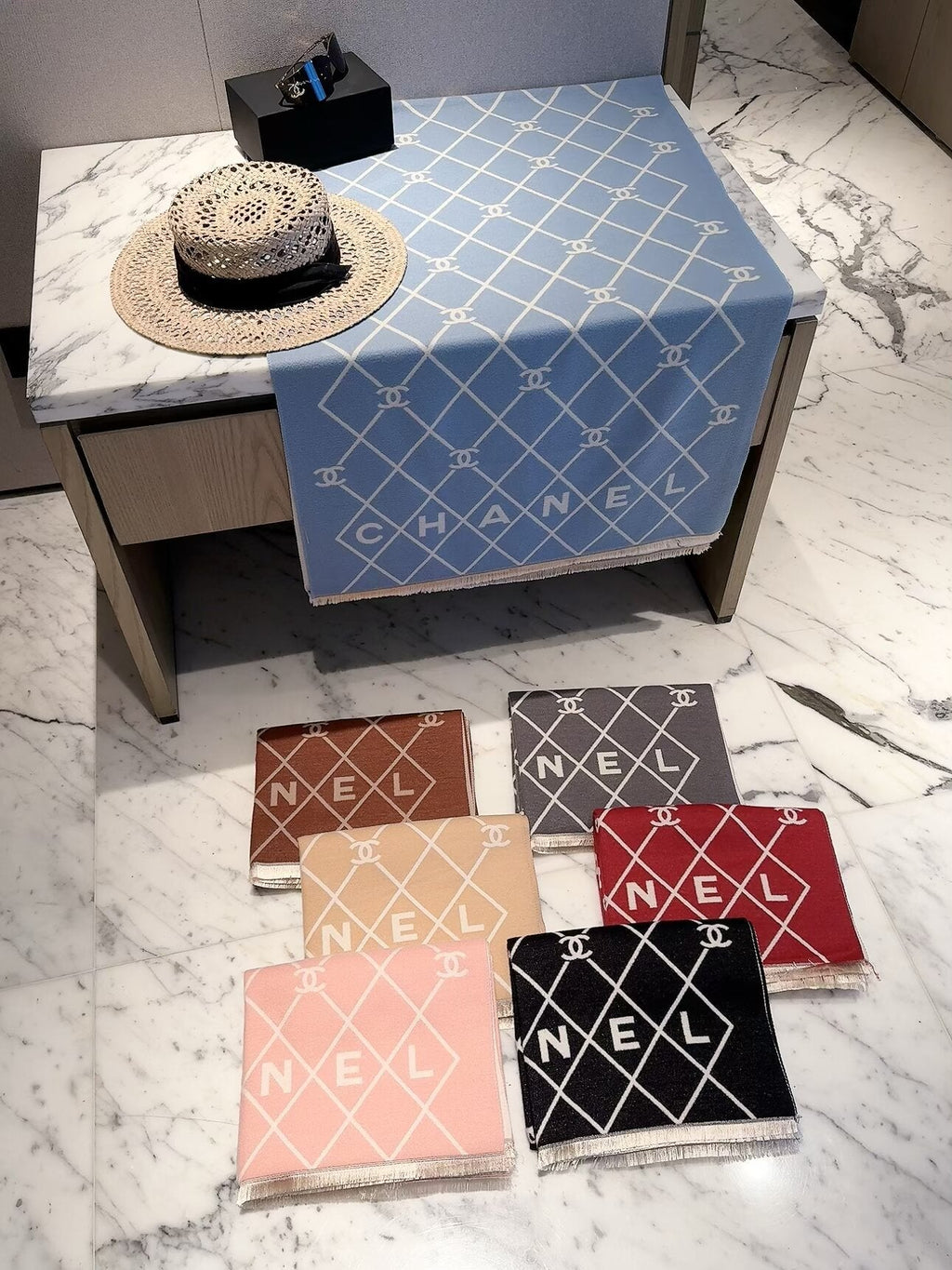 Chanel Style Diamond Lattice Logo Scarf