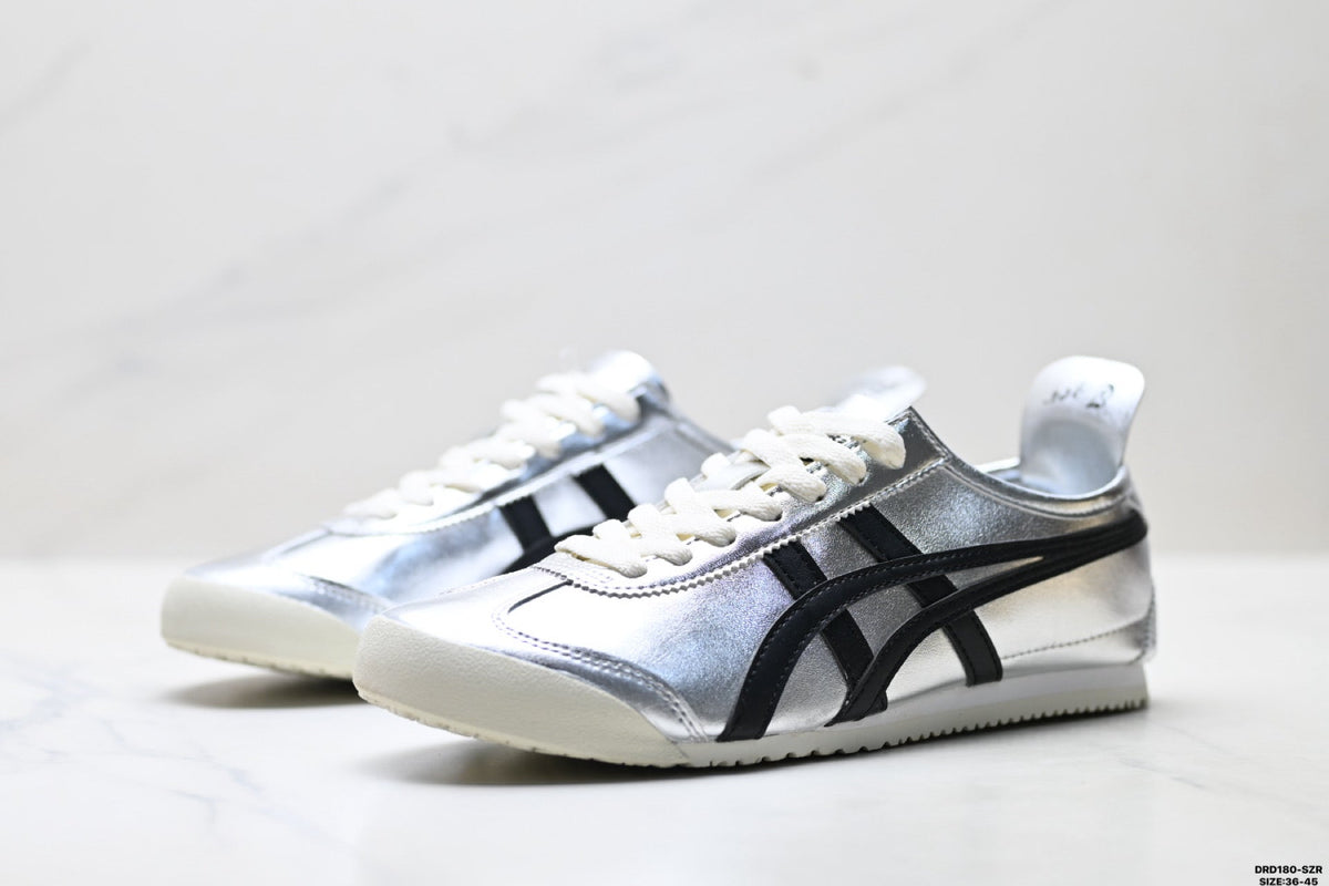 Onitsuka Tiger Retro Low Top Metallic Silver Black Unisex Shoes Style 18