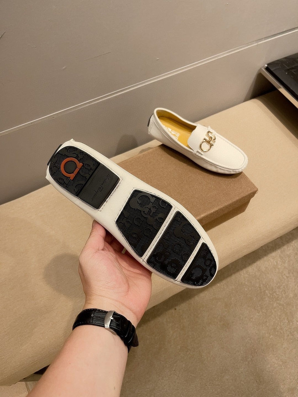 Ferragamo Men's White Hardware Loafers